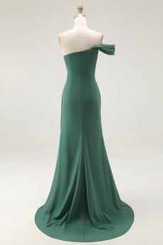 Women Dark Green Chiffon Long Formal Dress Mermaid Off the Shoulder Pleated Prom Dress