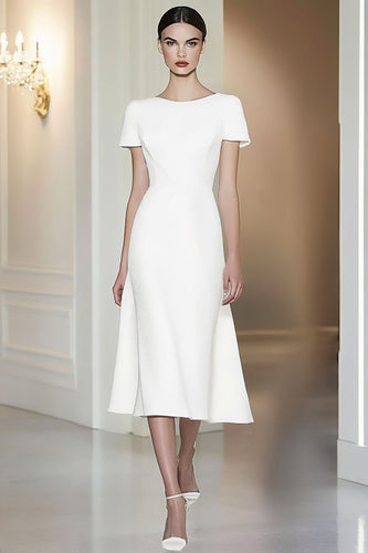 Women White Formal Dress Midi Satin Boat Neck Short Sleeves Tea Length Guaduation Dress