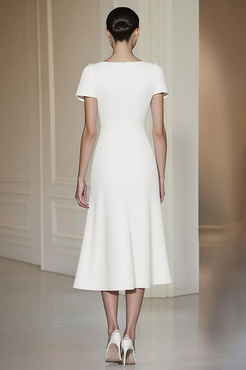 Load image into Gallery viewer, White Tea Length Boat Neck Formal Dress
