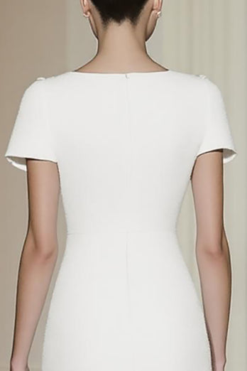 White Tea Length Boat Neck Formal Dress
