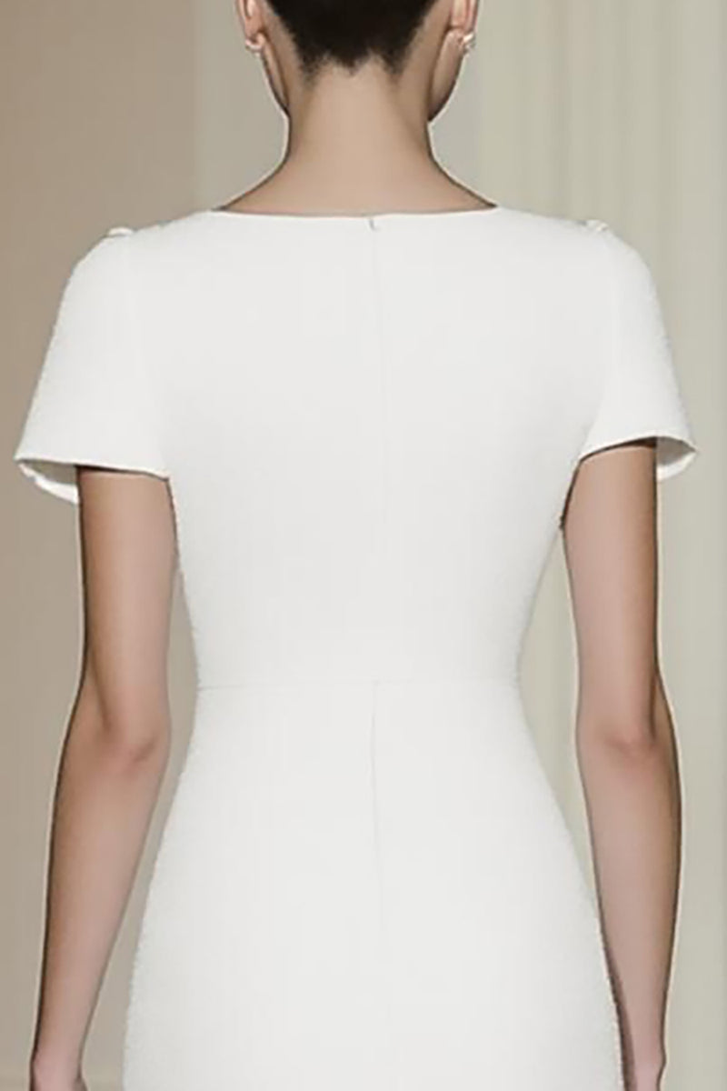 Load image into Gallery viewer, White Tea Length Boat Neck Formal Dress