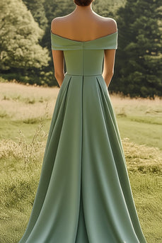 Sage Off the Shoulder A Line Satin Long Formal Dress