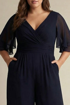Navy V-Neck Chiffon 1/2 Sleeves Long Prom Jumpsuit
