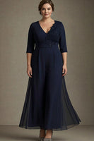 Load image into Gallery viewer, Floral Navy Chiffon V-Neck Mother of the Bride Dress