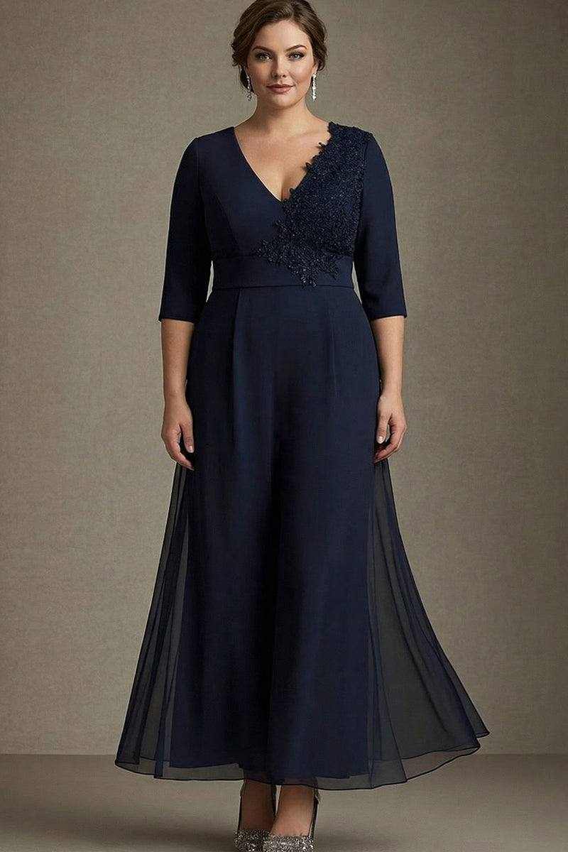 Load image into Gallery viewer, Floral Navy Chiffon V-Neck Mother of the Bride Dress