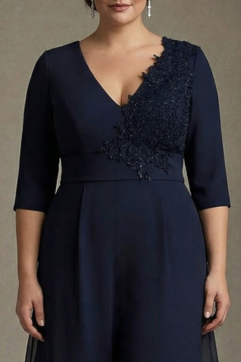 Load image into Gallery viewer, Floral Navy Chiffon V-Neck Mother of the Bride Dress