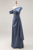 Load image into Gallery viewer, Grey Blue Satin Ruched Asymmetrical Mother of the Bride Dress