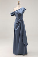 Load image into Gallery viewer, Grey Blue Satin Ruched Asymmetrical Mother of the Bride Dress