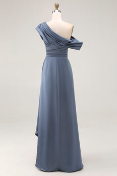 Grey Blue Satin Ruched Asymmetrical Mother of the Bride Dress