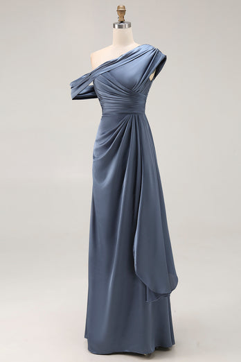 Grey Blue Satin Ruched Asymmetrical Mother of the Bride Dress