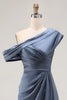 Load image into Gallery viewer, Grey Blue Satin Ruched Asymmetrical Mother of the Bride Dress