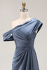 Load image into Gallery viewer, Grey Blue Satin Ruched Asymmetrical Mother of the Bride Dress