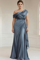 Load image into Gallery viewer, Grey Blue Satin Ruched Plus Size Asymmetrical Mother of the Bride Dress