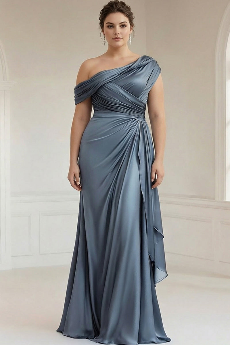 Load image into Gallery viewer, Grey Blue Satin Ruched Plus Size Asymmetrical Mother of the Bride Dress