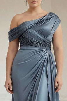 Grey Blue Satin Ruched Plus Size Asymmetrical Mother of the Bride Dress
