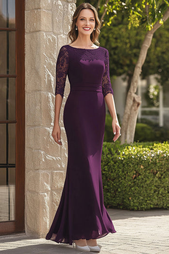 Sheath Lace Dark Purple 3/4 Sleeves Mother of the Bride Dress
