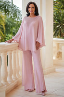 Load image into Gallery viewer, Pink 2 Piece Chiffon Scoop Neck Maxi Mother of the Bride Pantsuit