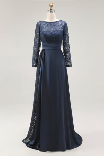 Navy A Line Long Sleeves Mother of the Bride Dress with Lace