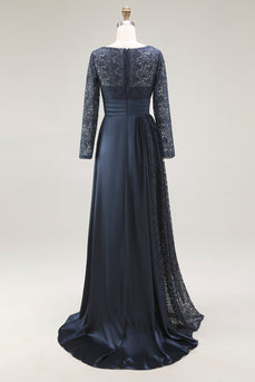 Navy A Line Long Sleeves Mother of the Bride Dress with Lace