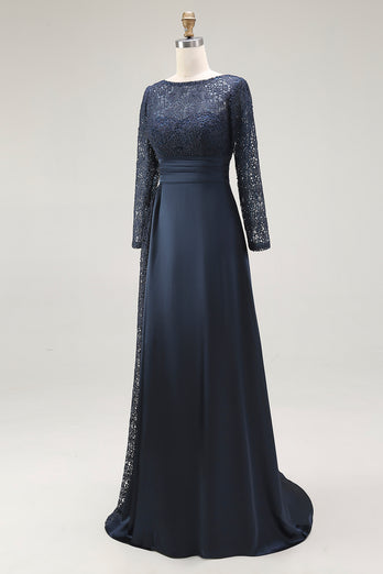 Navy A Line Long Sleeves Mother of the Bride Dress with Lace