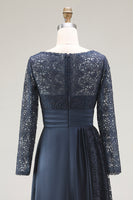 Load image into Gallery viewer, Navy A Line Long Sleeves Mother of the Bride Dress with Lace