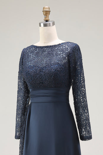 Navy A Line Long Sleeves Mother of the Bride Dress with Lace