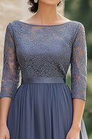 Load image into Gallery viewer, Dusty Blue Scoop Neck A Line Lace Mother of the Bride Dress