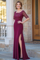 Load image into Gallery viewer, Burgundy Satin Scoop Sheath Mother of the Bride Dress with Slit