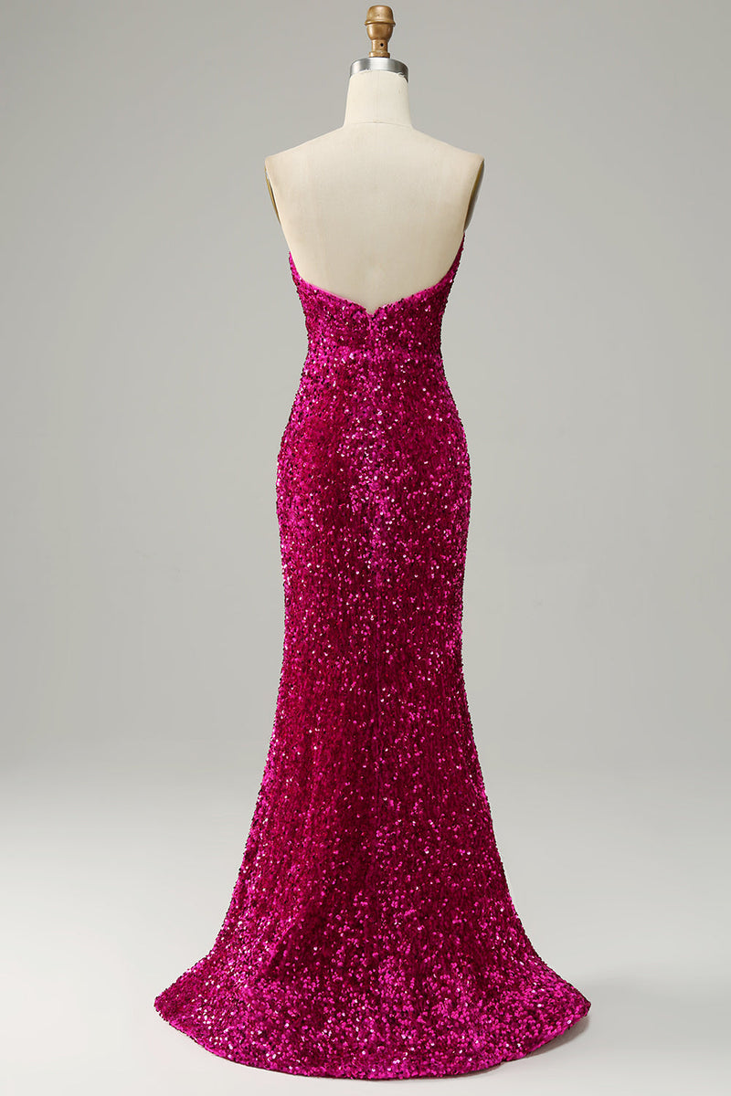 Load image into Gallery viewer, Fuchsia Strapless Sequin Prom Dress with Slit