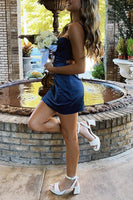 Load image into Gallery viewer, Navy Bodycon Spaghetti Straps Backless Mini Birthday Dress with Lace