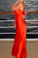 Load image into Gallery viewer, Red Satin Spaghetti Straps Sheath Long Wedding Guest Dress