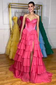 A Line Light Pink Strapless Tiered Corset Chiffon Long Prom Dress