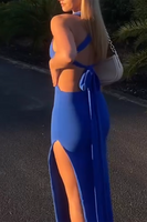 Load image into Gallery viewer, Royal Blue Sheath Square Neck Satin Long Wedding Guest Dress with Slit