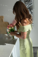 Load image into Gallery viewer, Green Off the Shoulder Sheath Ruched Long Formal Dress