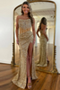 Load image into Gallery viewer, Sparkly Strapless Gold Mermaid Long Prom Dress with Slit