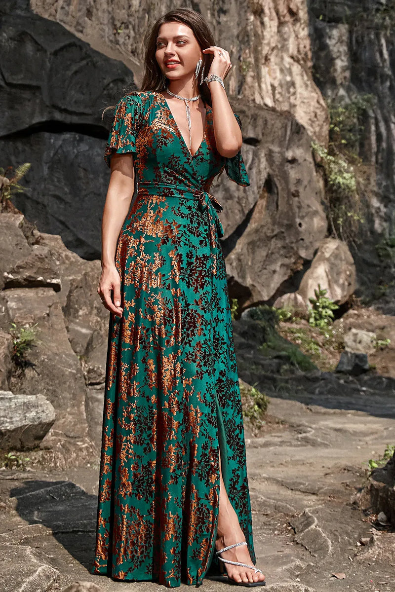 Load image into Gallery viewer, Burnout Velvet Dark Green Mother of Bride Dress