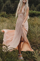 Load image into Gallery viewer, Light Pink Halter Sheath Maxi Wedding Guest Dress with Slit