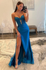 Load image into Gallery viewer, Navy Satin Mermaid Sweetheart Long Corset Prom Dress with Slit