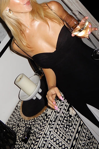 Black and White Pleated A Line Spaghetti Straps Long Formal Dress