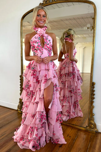 Blush A Line Halter Long Prom Dress with Slit