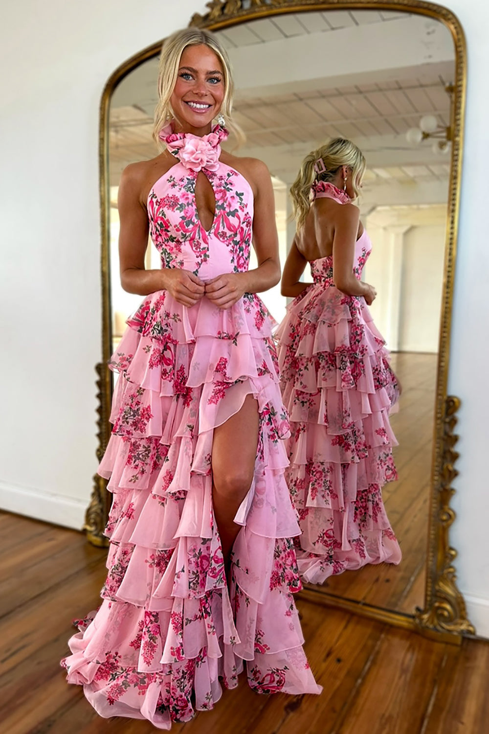 Blush A Line Halter Long Prom Dress with Slit