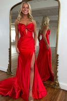 Load image into Gallery viewer, Red Satin Mermaid Sweetheart Long Prom Dress with Slit