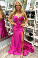 Load image into Gallery viewer, Red Satin Mermaid Sweetheart Long Prom Dress with Slit