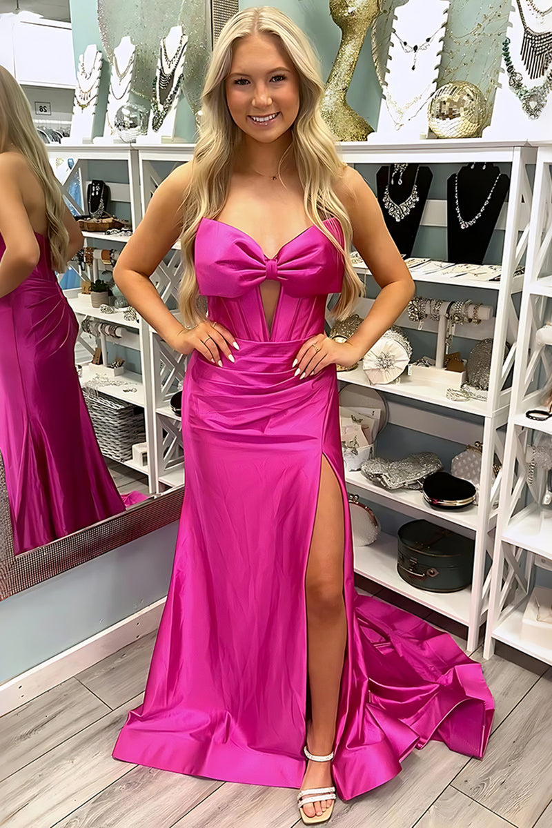 Load image into Gallery viewer, Red Satin Mermaid Sweetheart Long Prom Dress with Slit