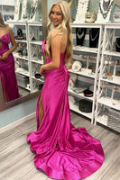 Load image into Gallery viewer, Red Satin Mermaid Sweetheart Long Prom Dress with Slit