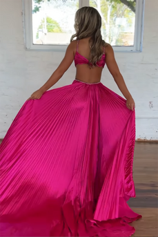 Fuchsia Pleated Satin A Line Long Prom Dress with Ruffles