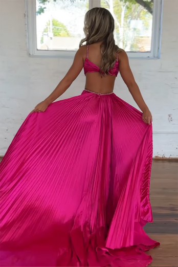 Fuchsia Pleated Satin A Line Long Prom Dress with Ruffles