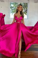 Load image into Gallery viewer, Fuchsia Pleated Satin A Line Long Prom Dress with Ruffles