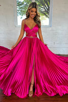 Load image into Gallery viewer, Fuchsia Pleated Satin A Line Long Prom Dress with Ruffles