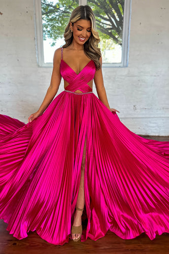 Fuchsia Pleated Satin A Line Long Prom Dress with Ruffles
